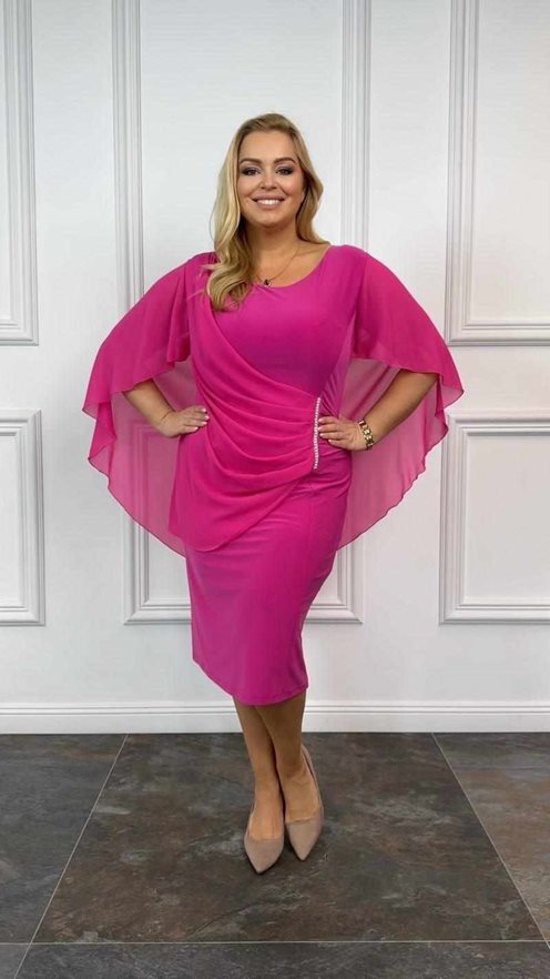 Sukienka krótka marszczony szyfon ozdoba fuksja