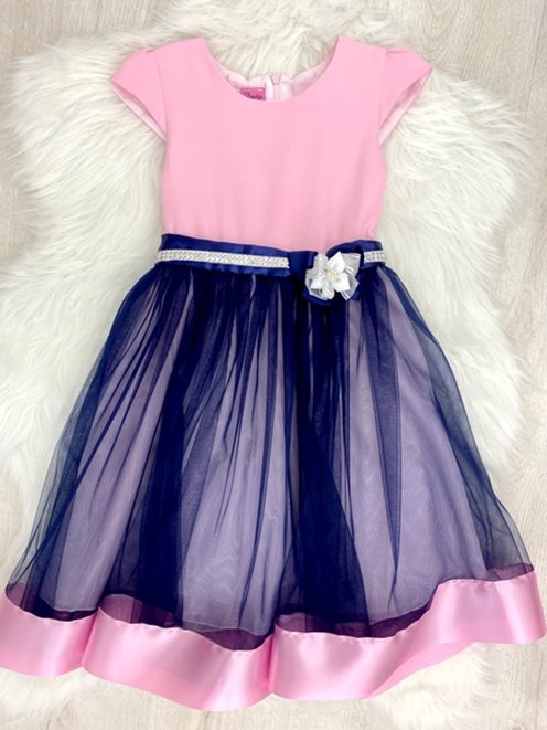 Sukienka dziecięca z ozdobnym paskiem granat