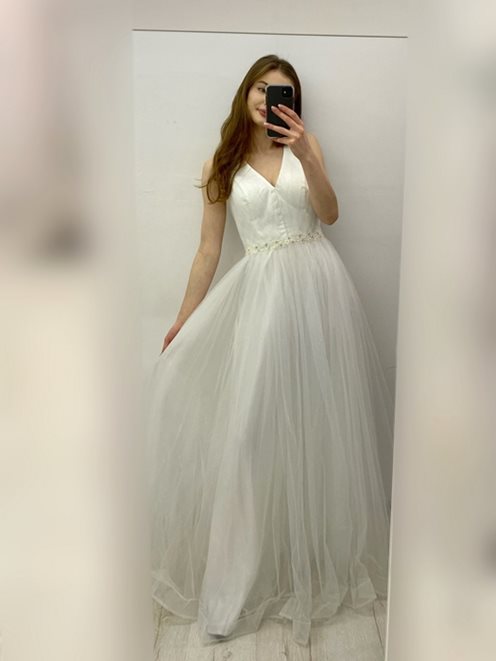 sukienka długa tiul błyszcząca koraliki biel