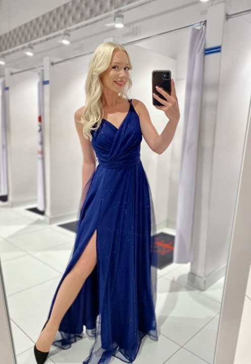 Sukienka długa prosta z tiulem błysk granat