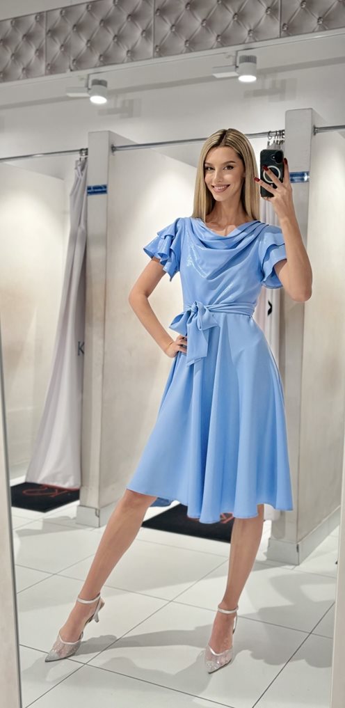 Sukienka midi dekolt woda falbanka błysk błękit