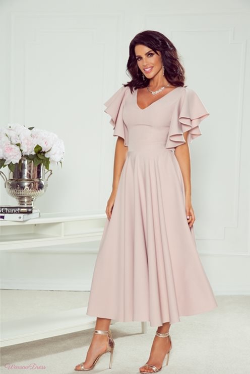 Sukienka midi gładka rękaw falbanki wrzos