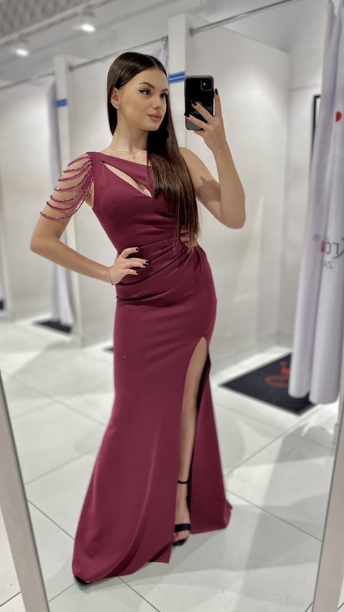 Sukienka długa syrenka jedno ramię zdobiona śliwka