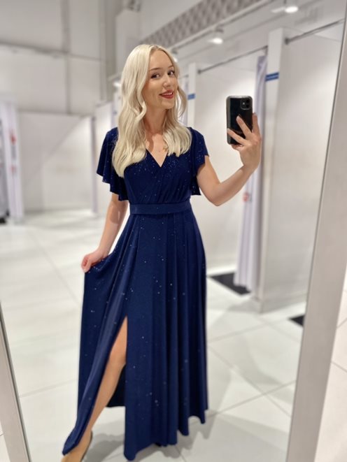 Długa sukienka rękawek brokat granat