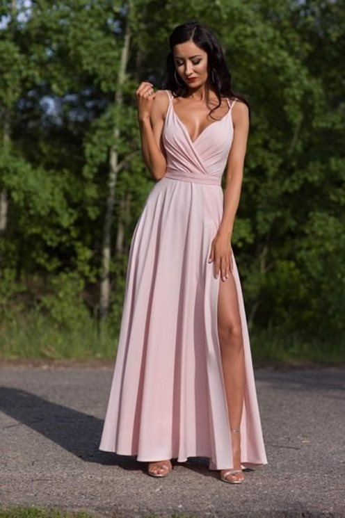 Sukienka na ramiączkach fala dekolt gładka róż