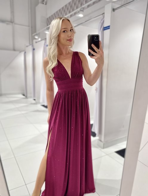 Długa sukienka odcinana  brokat purpura