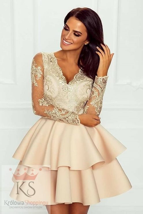 Sukienka falbany długi rękaw beż