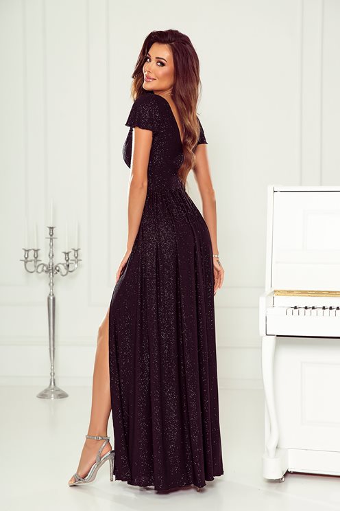 Sukienka długa brokat odcięcie i rękawek czarna