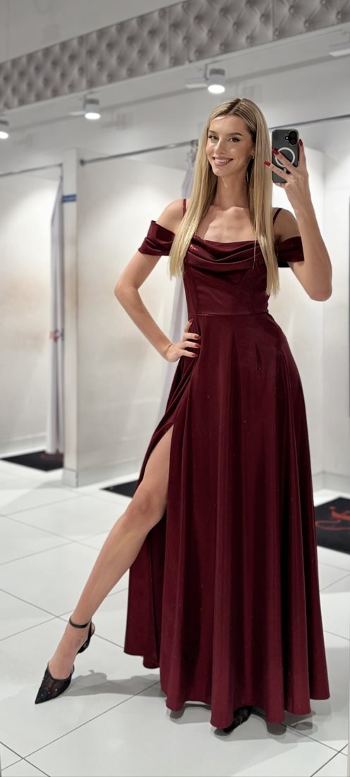 Sukienka długa hiszpanka dekolt woda błysk bordo