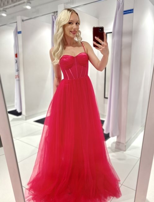 Sukienka długa gorset tiul ramiączka magenta