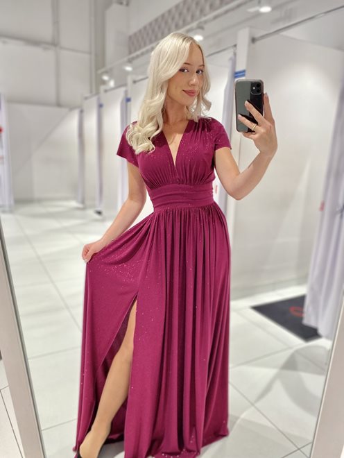 Sukienka długa brokat odcięcie i rękawek śliwka