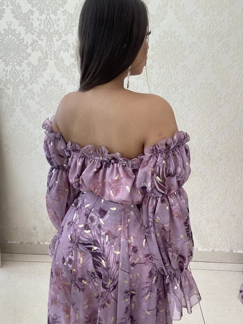 Sukienka długa hiszpanka kwiaty długi rękaw wrzos