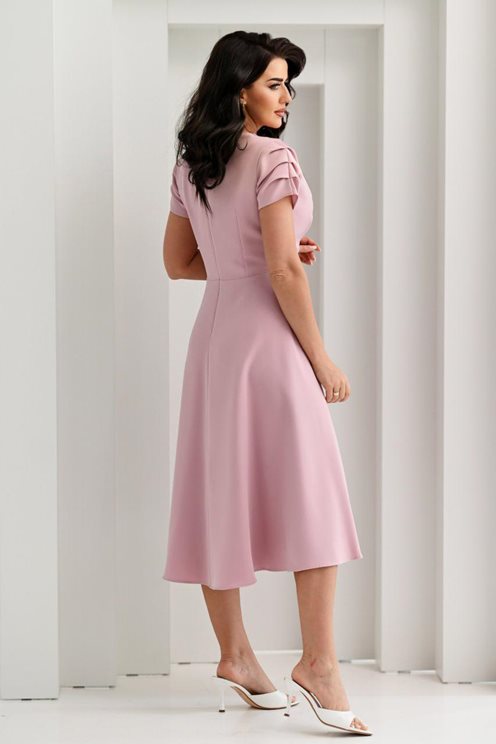 Sukienka midi marszczony rękawek zakładka puder