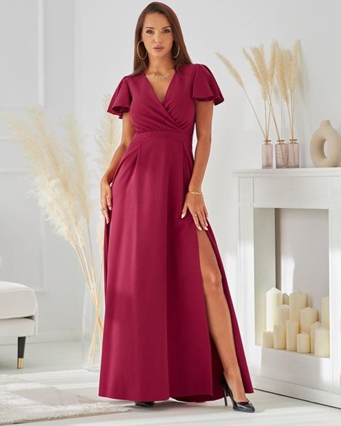 sukienka długa rękawek motylek bordo