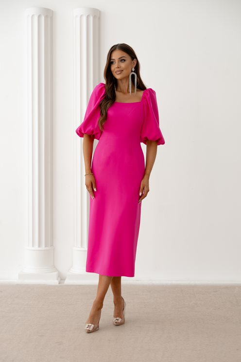 Sukienka midi prosta bufiaste rękawki fuksja