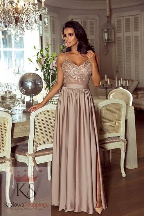 Długa sukienka na cienkich ramiączkach cappuccino