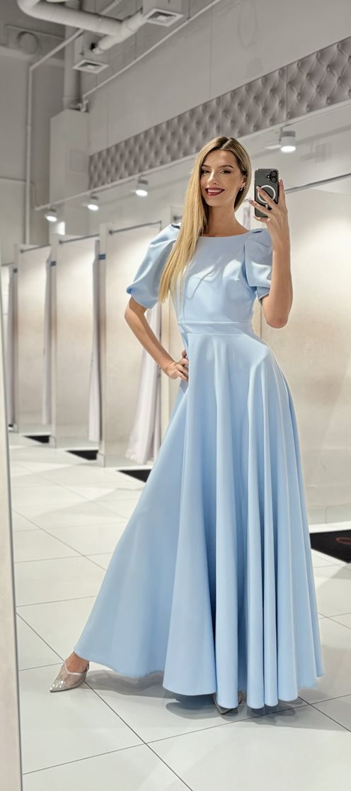 Sukienka długa bufiaste rękawki jasny błękit