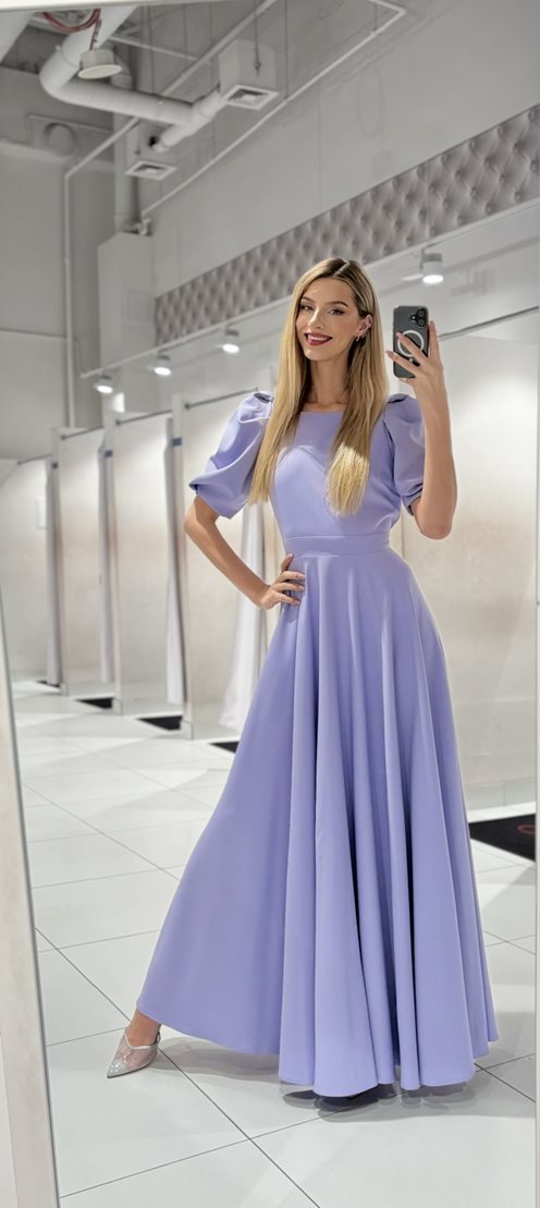 Sukienka długa bufiaste rękawki fiołkowy