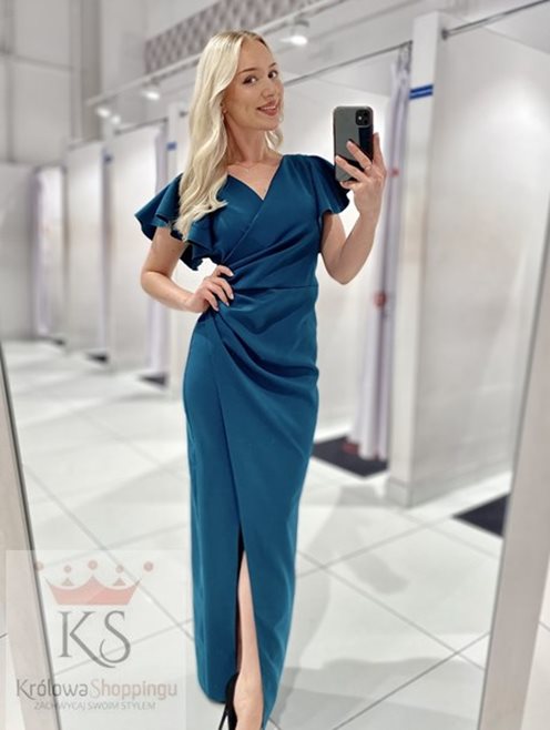 Sukienka długa dopasowana falbana rękaw zieleń