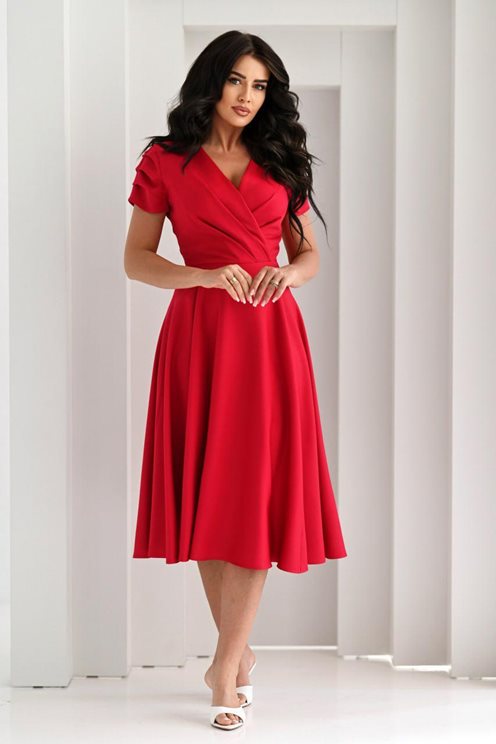 Sukienka midi marszczony rękawek zakładka malina