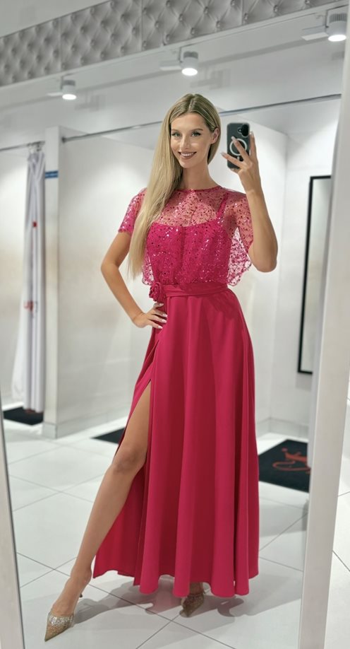 Sukienka długa góra cekin ozdoba fuksja