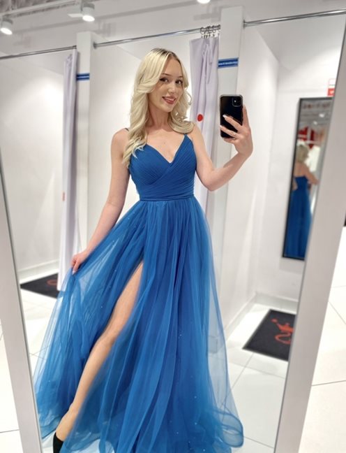 Sukienka długa tiulowa marszczona z przodu turkus