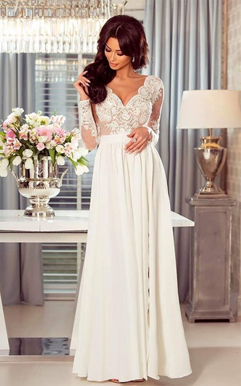 Długa sukienka z koronką brąz- biel