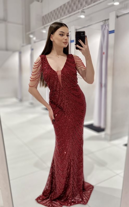 Sukienka długa cekinowa siateczka koraliki bordo