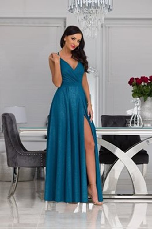 Długa sukienka na ramiączka brokat niebieski