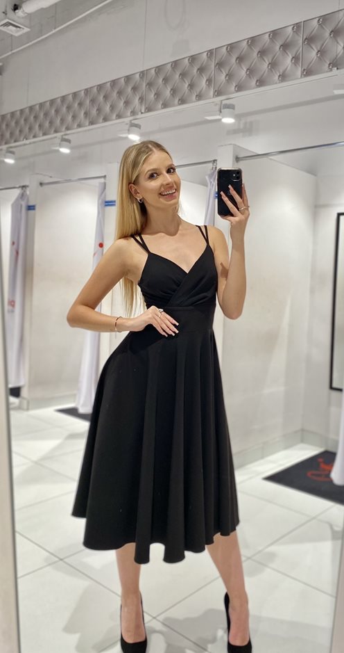 Sukienka midi ramiączka dekolt na zakładkę czerń