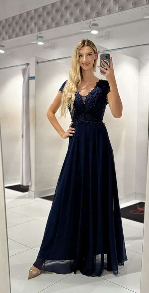 Sukienka długa z rękawkiem zdobienia granat