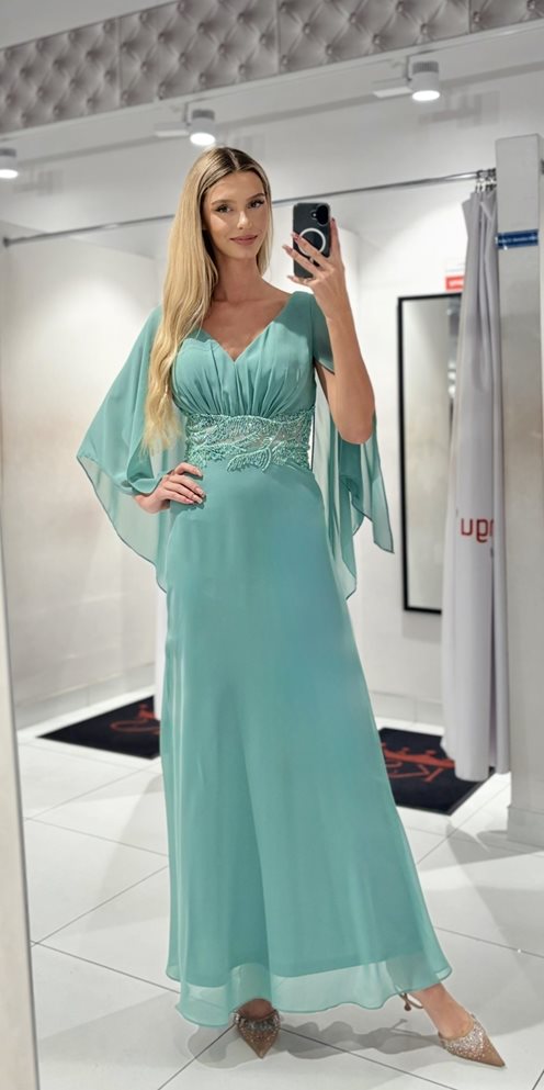 Sukienka długa rękawek zdobiona talia szałwia