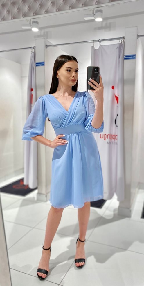 Sukienka krótka szyfonowa rękaw pas baby blue