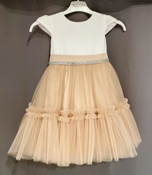 Sukienka dziecięca rozłożysty tiulowy dół biel/beż