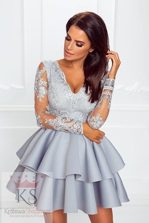 Sukienka falbany długi rękaw szary