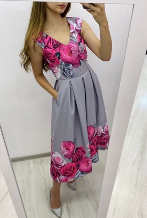 Sukienka midi kwiaty szary