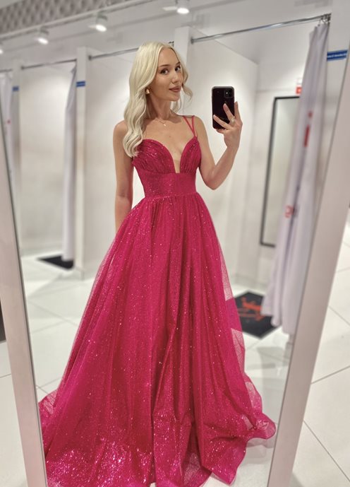 Sukienka długa rozłożysta mocno brokatowa fuksja