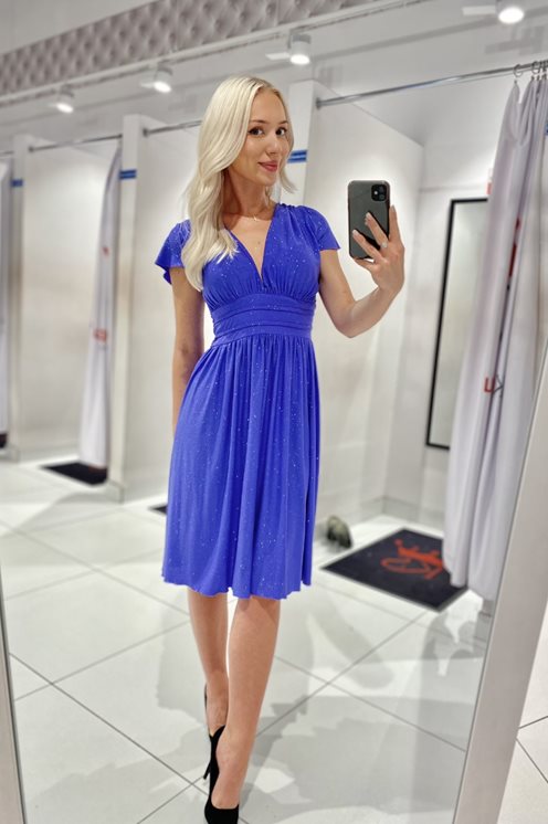 Sukienka krótka odcięcie pod biustem brokat fiolet