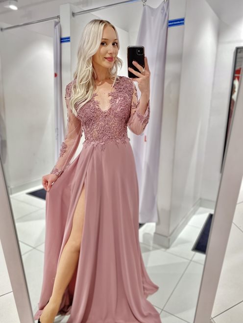 sukienka długa kamyki rękawek wrzos