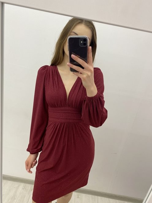 Sukienka krótka z długim rękawem brokat bordo