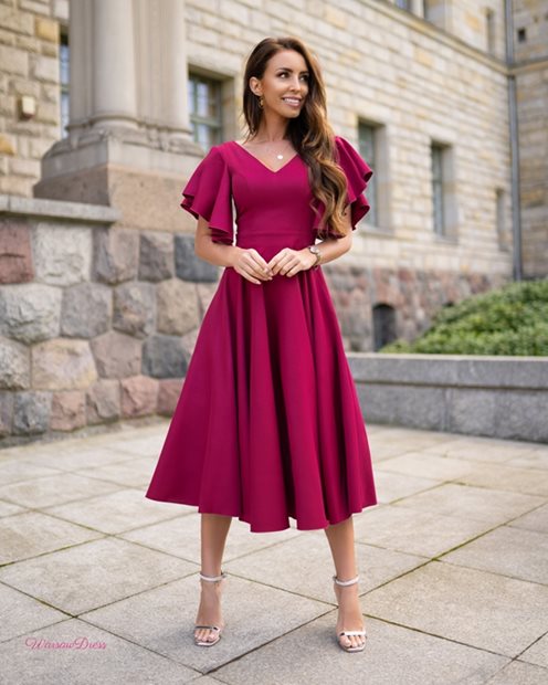 Sukienka midi gładka rękaw falbanki bordo