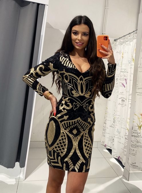 Sukienka krótka z długim rękawem cekiny czarna