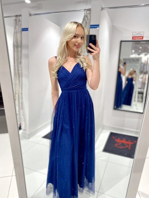 Sukienka długa prosta z tiulem błysk chaber