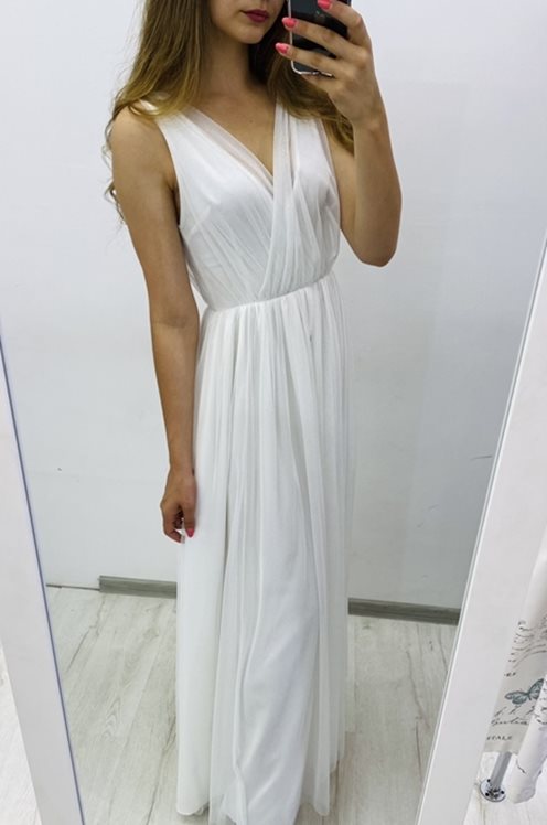 Sukienka długa tiul błyszcząca ramiączka biały