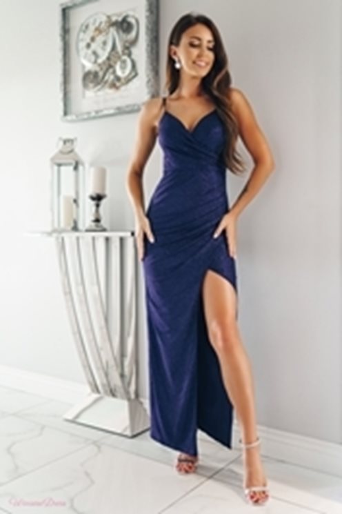 Długa sukienka brokat rozcięcie zamek granat