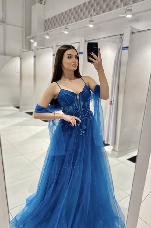 Sukienka długa gorset tiul błysk turkus