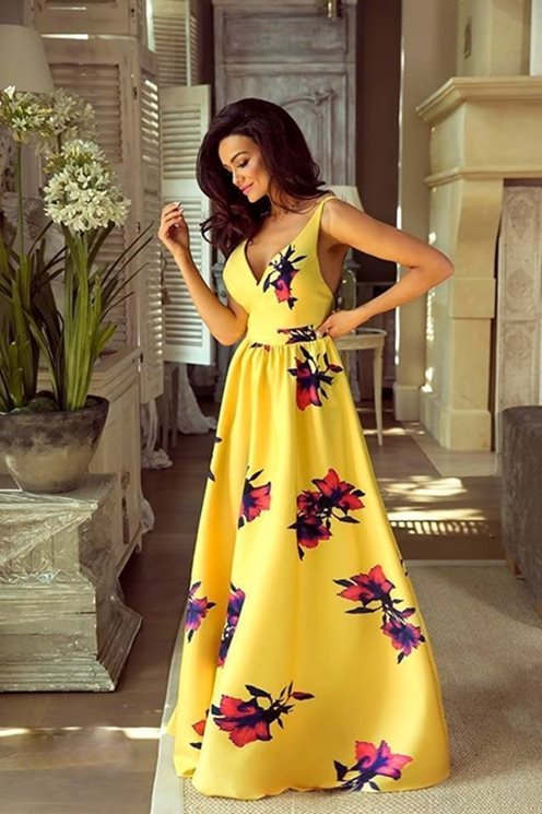 Długa suknia motyle kwiaty żółty