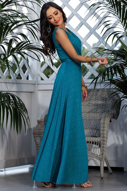 Długa sukienka fala dekolt brokat turkus