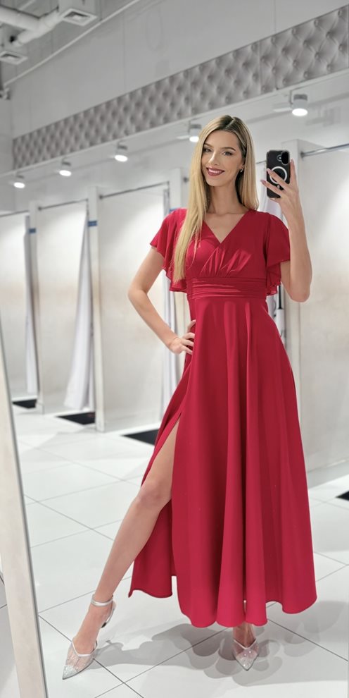 Sukienka długa z rękawkami i pasem malina