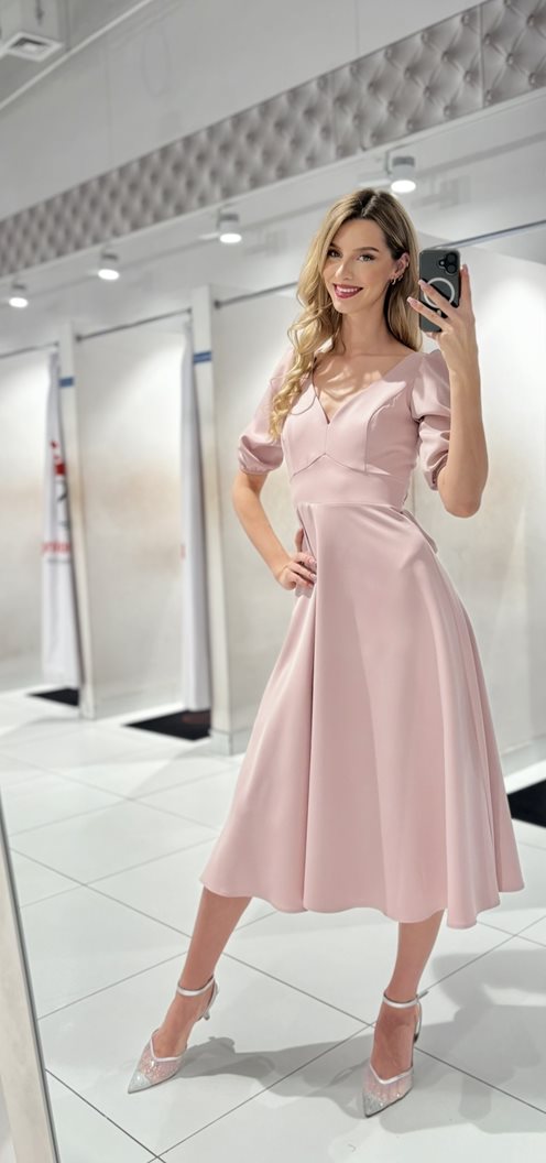 Sukienka midi rękawek wiązanie tył pudrowy róż